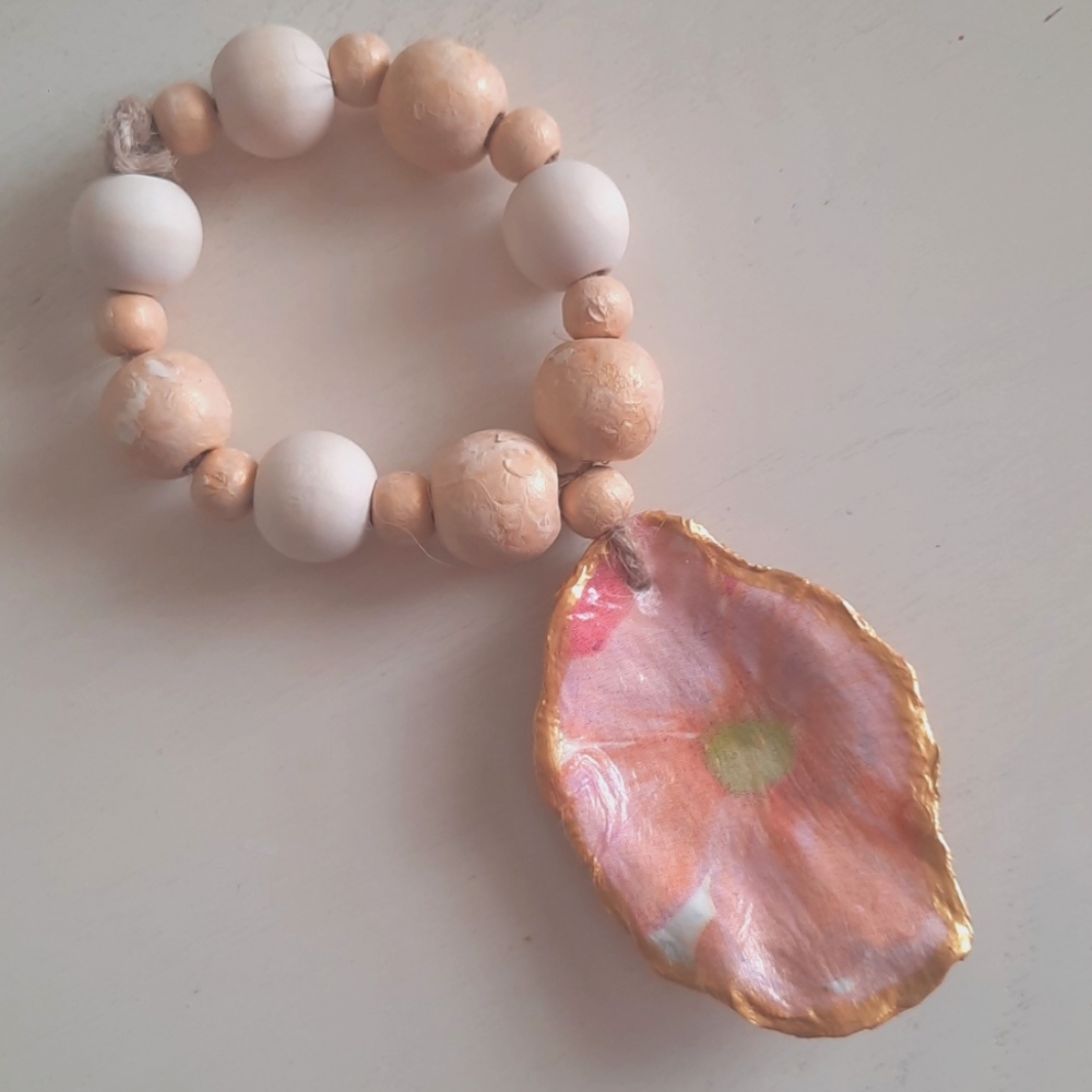 Floral Pink &  Gold Decoupage Oyster Shell Beaded Accents # 961